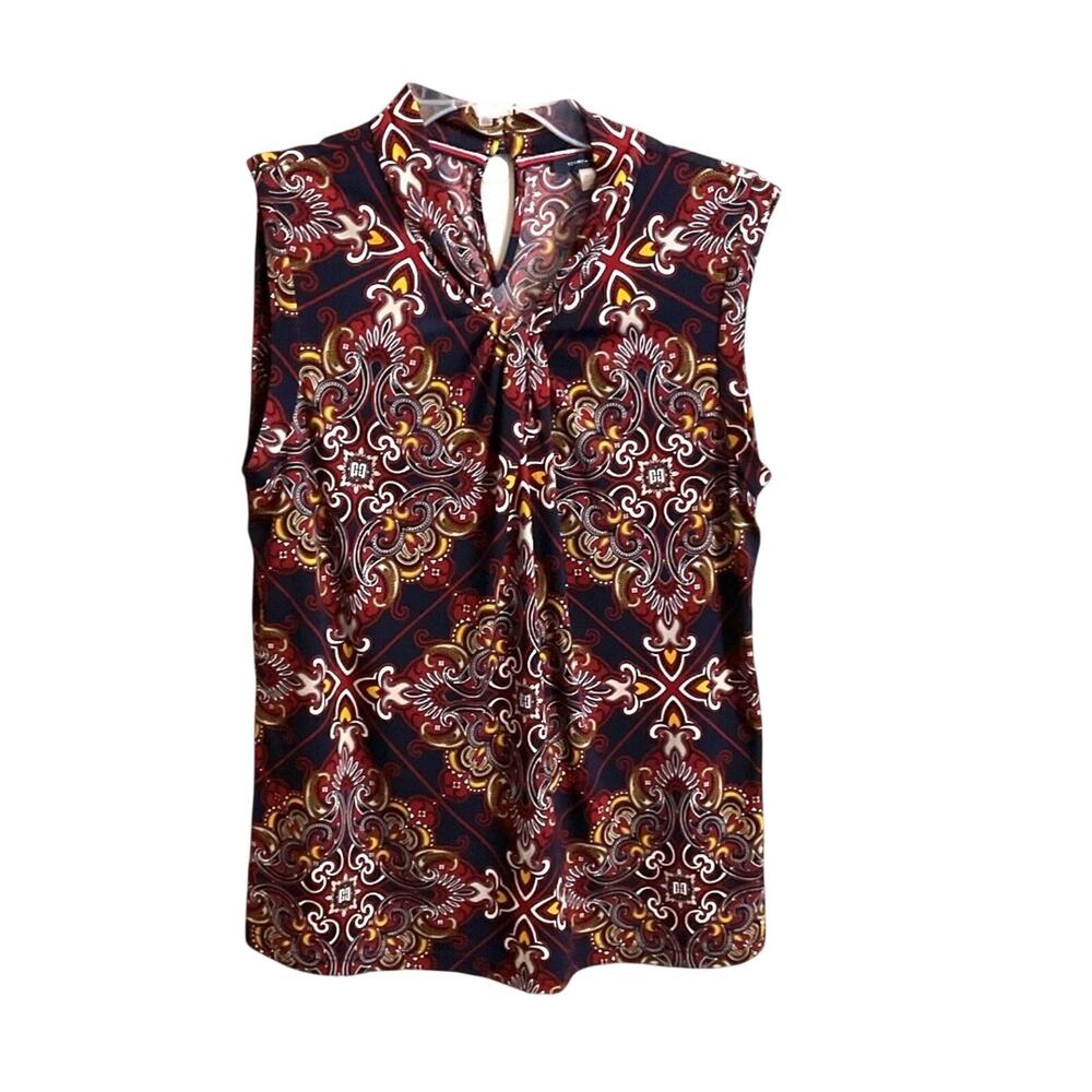 Tommy Hilfiger Shirt Women SZ M Blue Red Tile Medallion Twist V Neck Sleeveless